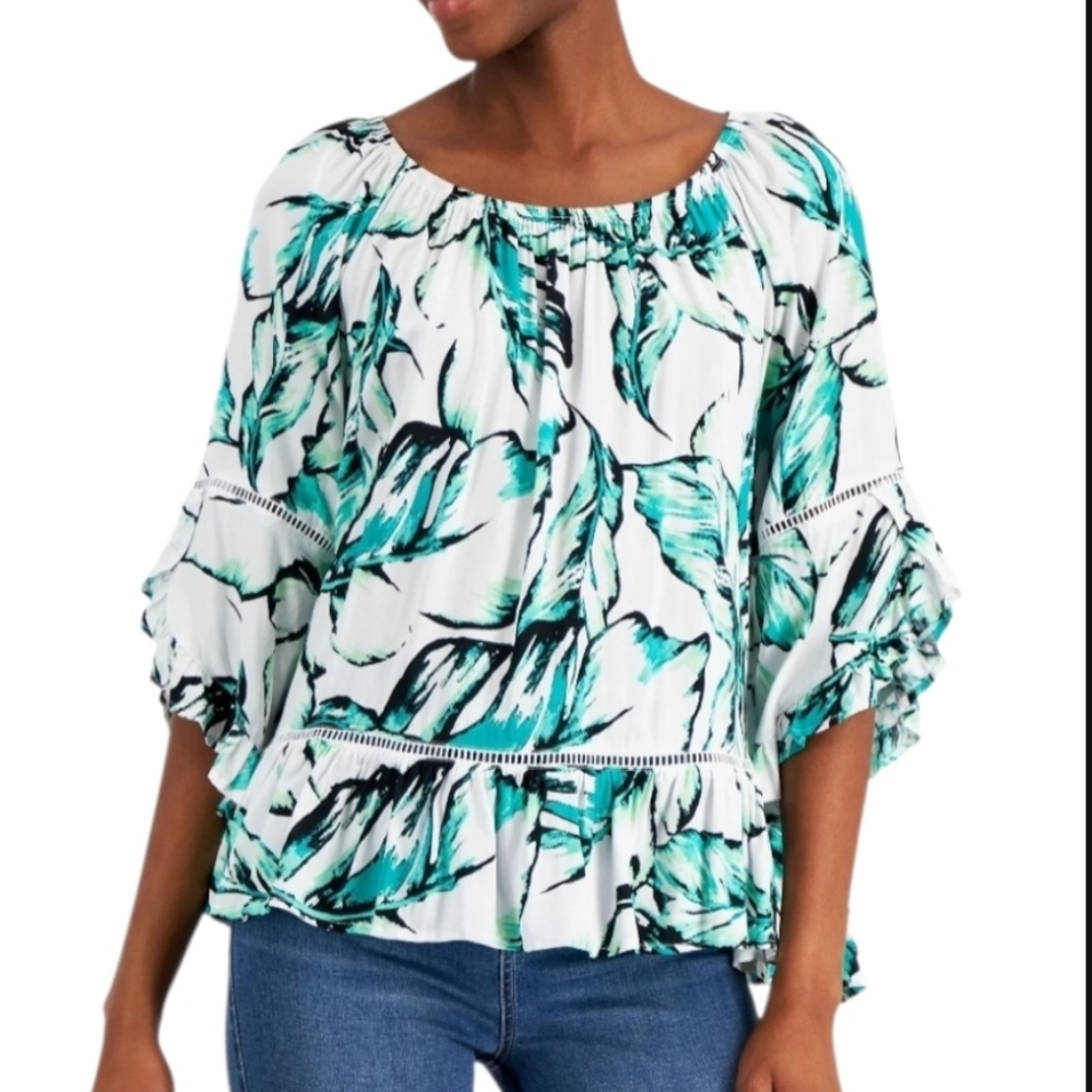 ☆NWOT FEVER Women's Off The Shoulder Floral Blouse Ruffled Hem Flowy Design M/L